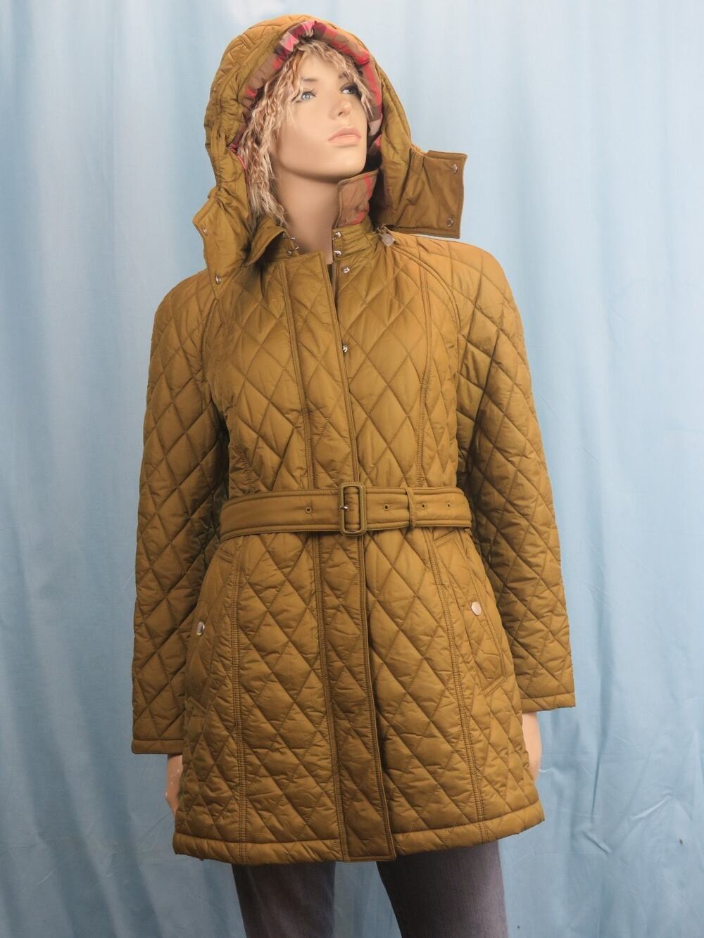 NWT BURBERRY HEMINGFIELD BEIGE OLIVE HOODED QUILTED DIAMOND BELTED JACKET COAT M
